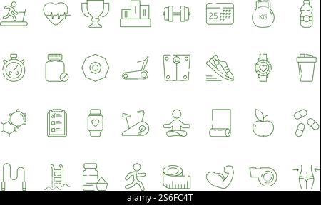 Sport icons. Fitness industry symbols healthy education gym items balls ...