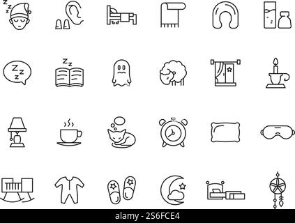 Sleeping symbols. Relax rest simple icons bed pillow clock teddy bear clouds vector sleep pictures collection. Illustration sleep icons, alarm and lamp. Sleeping symbols. Relax rest simple icons bed pillow clock teddy bear clouds vector sleep pictures collection Stock Vector