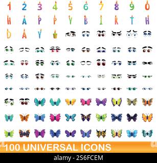 100 universal icons set. Cartoon illustration of 100 universal icons vector set isolated on white background. 100 universal icons set, cartoon style Stock Vector