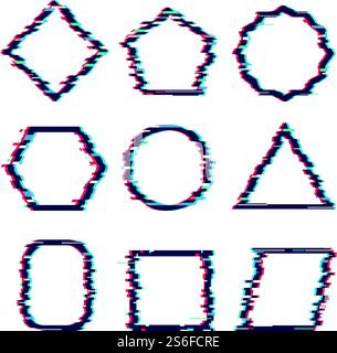 Glitch frames. Distortion rectangular cyber effects damaged square dynamic hipster vector graphic forms. Illustration square distortion, glitch frame figure. Glitch frames. Distortion rectangular cyber effects damaged square dynamic hipster vector graphic forms Stock Vector