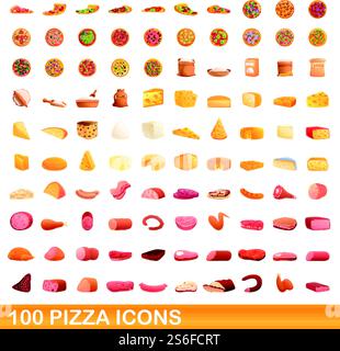 100 pizza icons set. Cartoon illustration of 100 pizza icons vector set isolated on white background. 100 pizza icons set, cartoon style Stock Vector