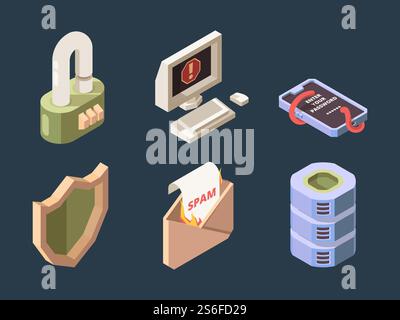 Cyber security. Online ddos hacker attack spam bot viruses phishing network digital data protection vector isometric. Phishing and protection again virus and spam illustration. Cyber security. Online ddos hacker attack spam bot viruses phishing network digital data protection vector isometric Stock Vector