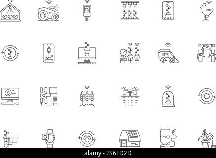 Smart agriculture icon. Farming innovation technology digital watering and harvesting plantation crop plants vector smart farm symbols. Agriculture technology innovation, harvest smart illustration. Smart agriculture icon. Farming innovation technology digital watering and harvesting plantation crop plants vector smart farm symbols Stock Vector