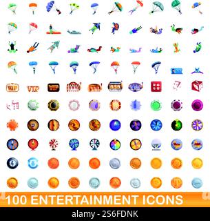100 entertainment icons set. Cartoon illustration of 100 entertainment icons vector set isolated on white background. 100 entertainment icons set, cartoon style Stock Vector