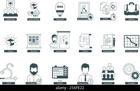 Agility icons. Scrum methodology professional meeting conference master agile vector symbols collection. Illustration agile methodology, meeting conference and development idea. Agility icons. Scrum methodology professional meeting conference master agile vector symbols collection Stock Vector