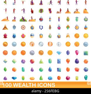 100 wealth icons set. Cartoon illustration of 100 wealth icons vector set isolated on white background. 100 wealth icons set, cartoon style Stock Vector