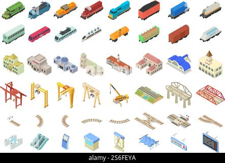 Railway station icons set. Isometric set of railway station vector icons for web design isolated on white background. Railway station icons set, isometric style Stock Vector