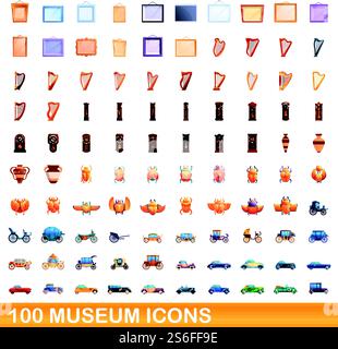 100 museum icons set. Cartoon illustration of 100 museum icons vector set isolated on white background. 100 museum icons set, cartoon style Stock Vector