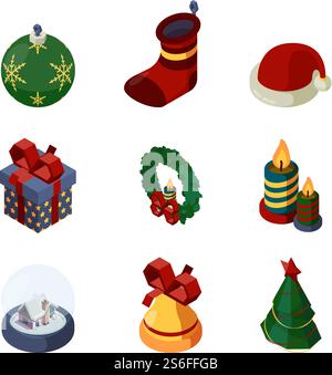 Xmas accessories. 3d happy new year celebration items bell cookie sweets tree candles candy gifts snow globe calendar vector isometric. Xmas gift, present candle, accessories isometric christmas. Xmas accessories. 3d happy new year celebration items bell cookie sweets tree candles candy gifts snow globe calendar vector isometric Stock Vector