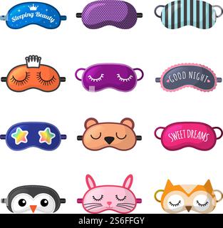 Sleeping mask. Rest clothes for girl face closed eyes sleepover masks vector collection. Funny mask for sleeping, rest and relax illustration. Sleeping mask. Rest clothes for girl face closed eyes sleepover masks vector collection Stock Vector