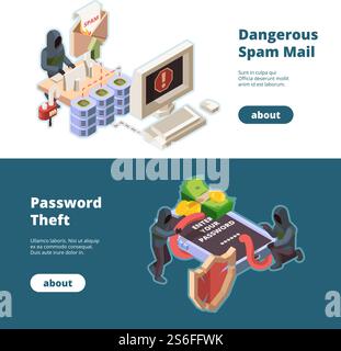Cyber security banners. Hacker attack spam email viruses steal money online information data protection vector isometric pictures. Cyber hacking money, attack and fraud, virus in network illustration. Cyber security banners. Hacker attack spam email viruses steal money online information data protection vector isometric pictures Stock Vector