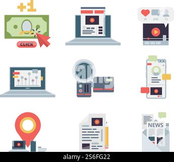 Blogging concept icon. Marketing content management writing workplace applications symbols affiliate social network vector flat pictures. Blogging media content, article and vlog illustration. Blogging concept icon. Marketing content management writing workplace applications symbols affiliate social network vector flat pictures Stock Vector