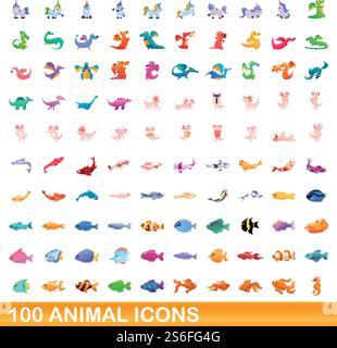 100 animal icons set. Cartoon illustration of 100 animal icons vector set isolated on white background. 100 animal icons set, cartoon style Stock Vector