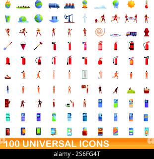 100 universal icons set. Cartoon illustration of 100 universal icons vector set isolated on white background. 100 universal icons set, cartoon style Stock Vector