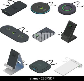 Wireless charger icons set. Isometric set of wireless charger vector icons for web design isolated on white background. Wireless charger icons set, isometric style Stock Vector
