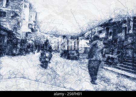 Some people walking in the streets of Cairo ballpoint pen doodle illustration Stock Photo