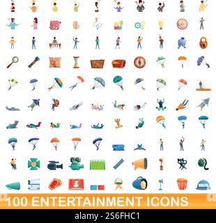 100 entertainment icons set. Cartoon illustration of 100 entertainment icons vector set isolated on white background. 100 entertainment icons set, cartoon style Stock Vector