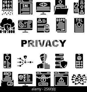 Privacy Policy Protect Collection Icons Set Vector. Biometric Data Protection And Privacy Police, Digital Portrait And Encryption Key Glyph Pictograms Black Illustrations. Privacy Policy Protect Collection Icons Set Vector Stock Vector
