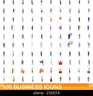 100 business icons set. Cartoon illustration of 100 business icons vector set isolated on white background. 100 business icons set, cartoon style Stock Vector