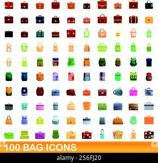 100 bag icons set. Cartoon illustration of 100 bag icons vector set isolated on white background. 100 bag icons set, cartoon style Stock Vector