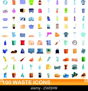 100 waste icons set. Cartoon illustration of 100 waste icons vector set isolated on white background. 100 waste icons set, cartoon style Stock Vector