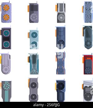 GPU graphic card icons set. Cartoon set of GPU graphic card vector icons for web design. GPU graphic card icons set, cartoon style Stock Vector