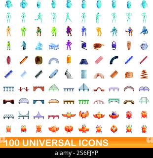 100 universal icons set. Cartoon illustration of 100 universal icons vector set isolated on white background. 100 universal icons set, cartoon style Stock Vector