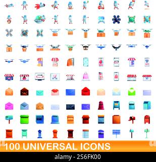 100 universal icons set. Cartoon illustration of 100 universal icons vector set isolated on white background. 100 universal icons set, cartoon style Stock Vector
