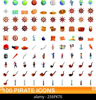 100 pirate icons set. Cartoon illustration of 100 pirate icons vector set isolated on white background. 100 pirate icons set, cartoon style Stock Vector