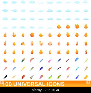 100 universal icons set. Cartoon illustration of 100 universal icons vector set isolated on white background. 100 universal icons set, cartoon style Stock Vector