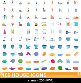 100 house icons set. Cartoon illustration of 100 house icons vector set isolated on white background. 100 house icons set, cartoon style Stock Vector