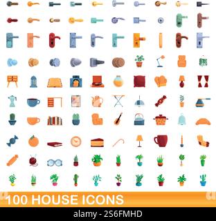 100 house icons set. Cartoon illustration of 100 house icons vector set isolated on white background. 100 house icons set, cartoon style Stock Vector