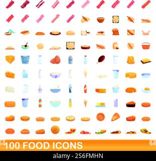 100 food icons set. Cartoon illustration of 100 food icons vector set isolated on white background. 100 food icons set, cartoon style Stock Vector