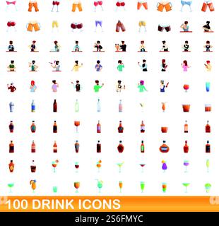 100 drink icons set. Cartoon illustration of 100 drink icons vector set isolated on white background. 100 drink icons set, cartoon style Stock Vector