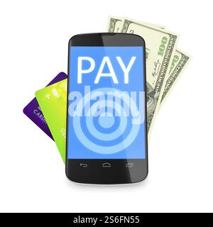 3d rendering of a smartphone, dollar notes and credit cards for mobile payment Stock Photo