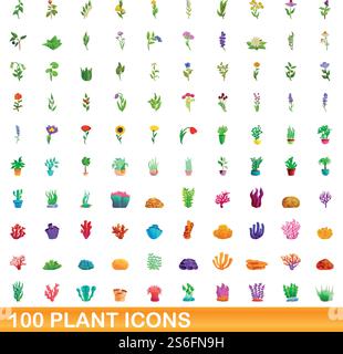 100 plant icons set. Cartoon illustration of 100 plant icons vector set isolated on white background. 100 plant icons set, cartoon style Stock Vector