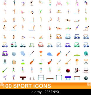 100 sport icons set. Cartoon illustration of 100 sport icons vector set isolated on white background. 100 sport icons set, cartoon style Stock Vector