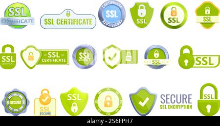 SSL certificate icons set. Cartoon set of SSL certificate vector icons for web design. SSL certificate icons set, cartoon style Stock Vector