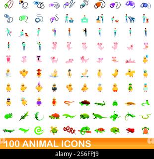 100 animal icons set. Cartoon illustration of 100 animal icons vector set isolated on white background. 100 animal icons set, cartoon style Stock Vector
