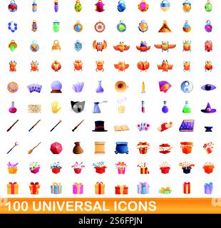 100 universal icons set. Cartoon illustration of 100 universal icons vector set isolated on white background. 100 universal icons set, cartoon style Stock Vector