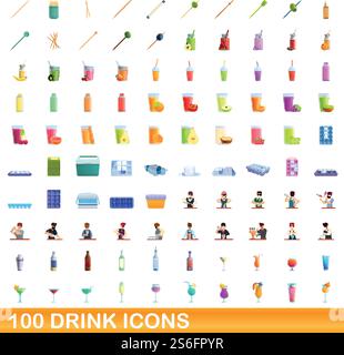100 drink icons set. Cartoon illustration of 100 drink icons vector set isolated on white background. 100 drink icons set, cartoon style Stock Vector