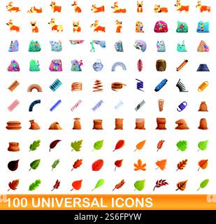 100 universal icons set. Cartoon illustration of 100 universal icons vector set isolated on white background. 100 universal icons set, cartoon style Stock Vector