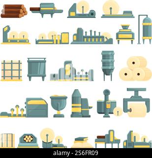 Paper production icons set. Cartoon set of paper production vector icons for web design. Paper production icons set, cartoon style Stock Vector