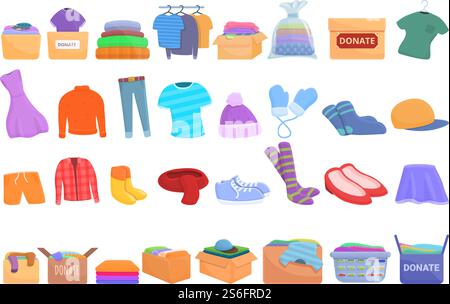 Clothes donation icons set. Cartoon set of clothes donation vector icons for web design. Clothes donation icons set, cartoon style Stock Vector