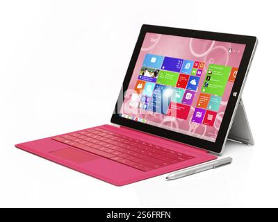 Microsoft Surface Pro 3 tablet computer with pink keyboard isolated on white background Stock Photo
