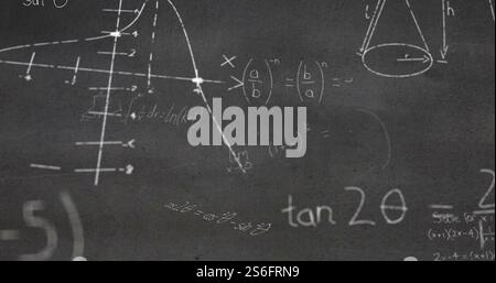 Image of layers of mathematical formulae over grey chalkboard Stock Photo