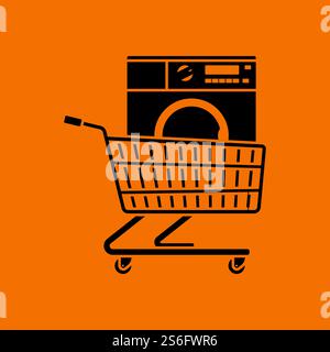 Shopping Cart With Washing Machine Icon. Black on Orange Background. Vector Illustration. Stock Vector