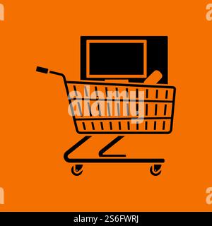 Shopping Cart With PC Icon. Black on Orange Background. Vector Illustration. Stock Vector