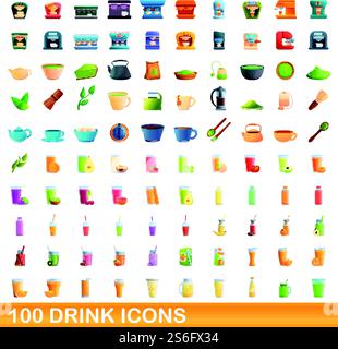 100 drink icons set. Cartoon illustration of 100 drink icons vector set isolated on white background. 100 drink icons set, cartoon style Stock Vector