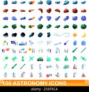 100 astronomy icons set. Cartoon illustration of 100 astronomy icons vector set isolated on white background. 100 astronomy icons set, cartoon style Stock Vector